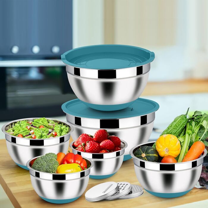 Набір місок Homikit з нержавіючої сталі, 6 шт. з тертками, кришками та силіконовим дном, 4.6L/2.8L/2.5L/1.6L/1.2L/0.7L, блакитний