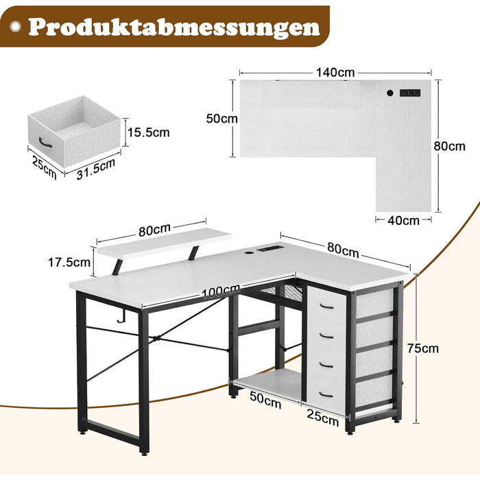 Комп'ютерний стіл L-подібний Devoko з 4 ящиками з тканини, 2 розетками та 2 USB-портами, для дому та офісу, ігор, білий, 140x80 см