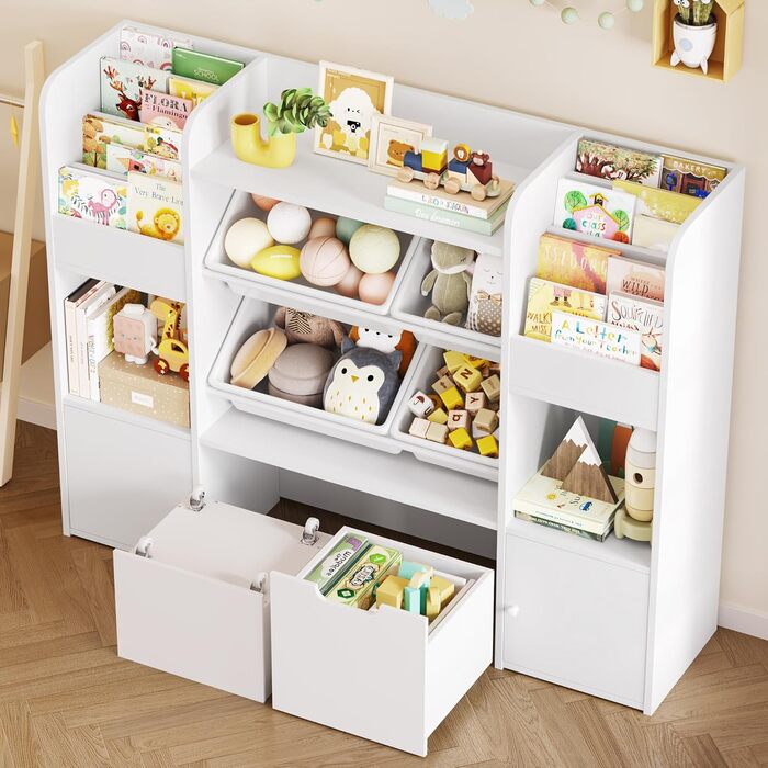 FOREHILL Дитяча полиця для іграшок та книжок, меблі для дитячої кімнати, полиця для дитячої з 2 ящиками на колесах, шафка для дитячих речей з 4 ящиками, 126x30x104 см (Білий/Рожевий)