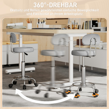 Регульований поворотний пуф з підніжкою та спинкою, обтягнутий штучною шкірою, сірого кольору. Ідеально підходить для перукарських салонів.