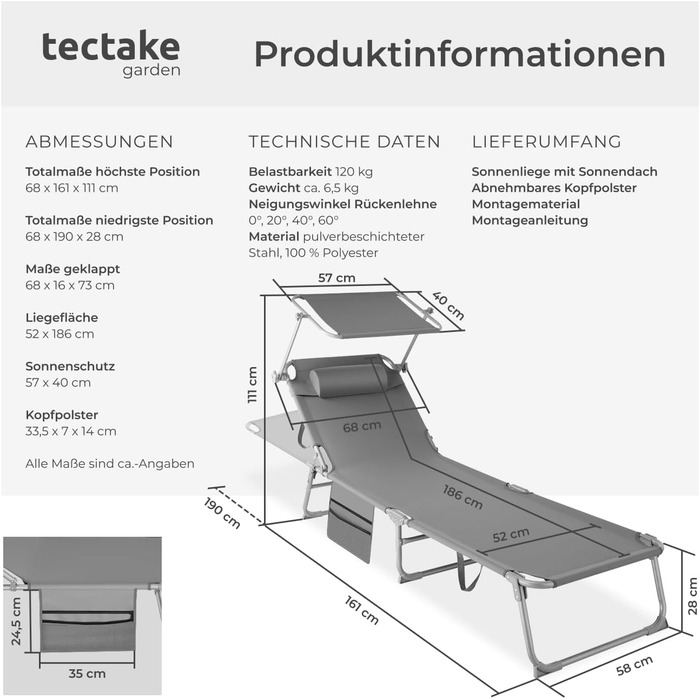 Лежак для відпочинку Tectake®: складаний, портативний, з кишенею, для балкона, тераси, кемпінгу (сірий)