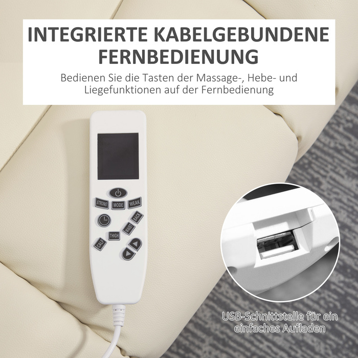 Електричне крісло HOMCOM з допоміжним засобом для стояння, USB-масажне крісло з дистанційним керуванням, коліщатка та підсклянник у кремі