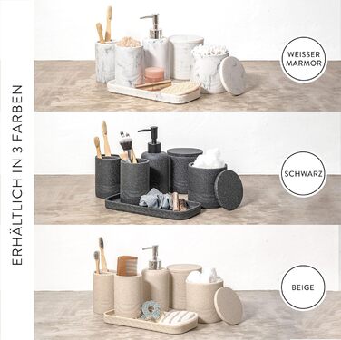 Набір для ванної кімнати ZCCZ 6 предметів: органайзер для зубних щіток, дозатор мила, миска для косметики та ватних паличок. Елегантний декор у мармуровій стилістиці, чорний колір для сучасного інтер'єру.