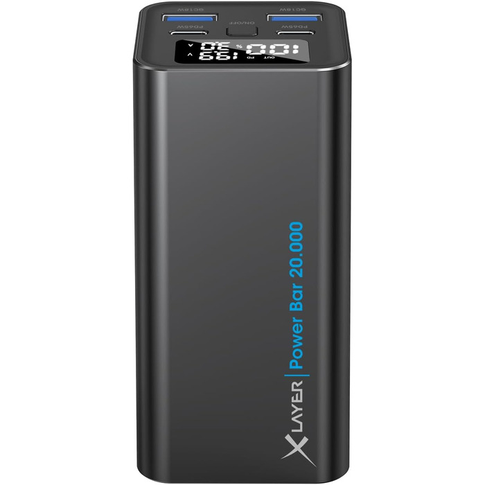 Power Bank XLayer Powerbar 65W 20000mAh з PD, USB-C, швидкою зарядкою та цифровим дисплеєм. Сумісний з MacBook Pro, iPad, iPhone, Surface Go, Steam Deck