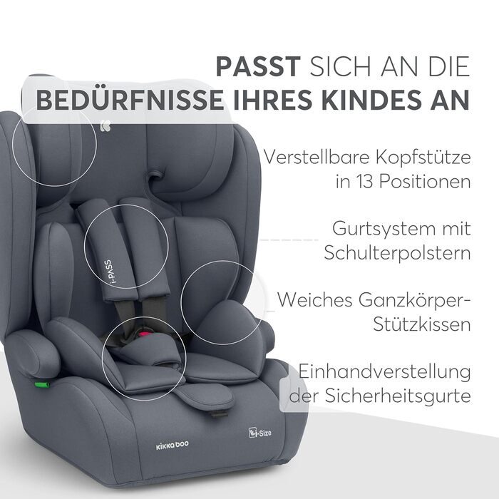 Автокрісло KikkaBoo 9-36 кг i-PASS, група 1/2/3, i-Size, 15 місяців - 12 років, сірий колір