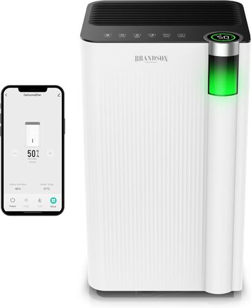 Електричний осушувач повітря Brandson з компресором, 12 літрів, Wi-Fi, з таймером, функцією відтавання, білий