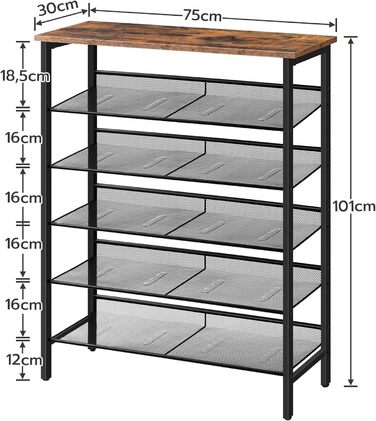 Полиця для взуття HOOBRO, 5-шарова шафа для взуття, регульована полиця для взуття, плоска та нахилена, стійка, металева, вхідна, коридор, промислова, вінтажна коричнево-чорна EBF10J01 (75 x 30 x 101 см)