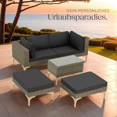 Тектейк® Набір садово-розкладних меблів з ротангу Outdoor Lounge на 5 місць, з кутовим кріслом, пуфом, столиком, комплект для відпочинку, з подушками для сидіння та спинки (Натуральний)