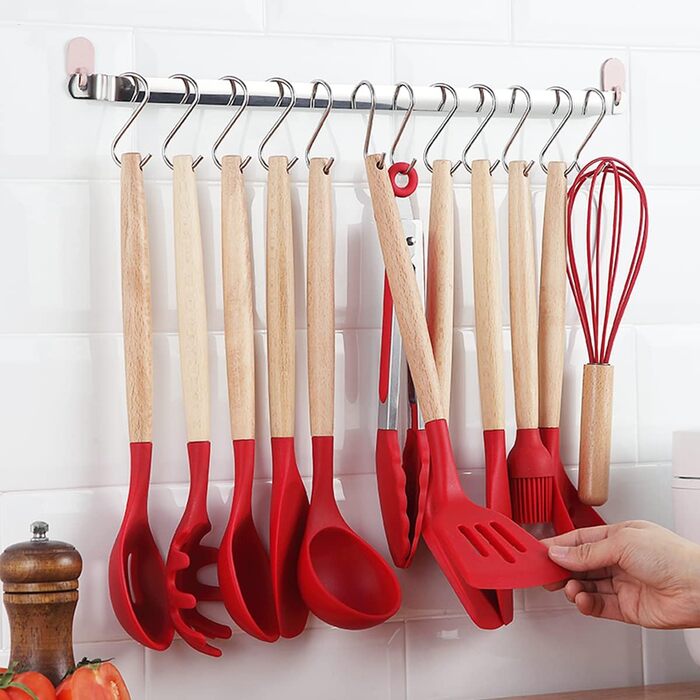 Набір силіконової кухонного посуду Berglander з 38 предметів, набір посуду з антипригарним покриттям, кухонне начиння з дерев'яною ручкою інструменти з багатоцільовими гачками і тримачами для посуду (червоний) 3. Червоний