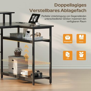 Кутовий стіл HLONONE з LED-підсвіткою та розетками, 110 x 80 см, з полицею, для комп'ютера, геймінгу, офісу, дому, білого (чорного) кольору