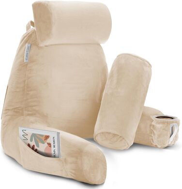 Подушка для читання Clara Clark з великою спинкою, з піною з пам'яті, для дорослих, з підлокітниками та кишенями (Велика, Бежево-кремовий)