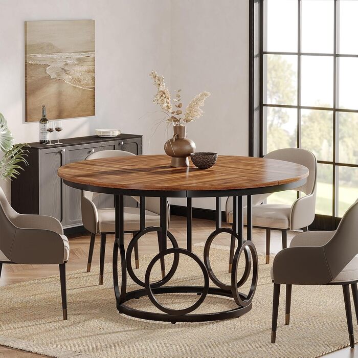 Круглий обідній стіл Tribesigns Runder, 119 см, дерев'яний кухонний стіл з металевим каркасом на 4-6 осіб, великий круглий стіл для вітальні, кухні, їдальні (колір: коричневий & чорний), лише стіл