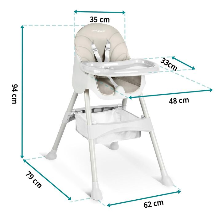 Дитячий стільчик для годування Ricokids 3в1 Beige - регульована висота, з підносом, корзина, для дітей від 6 місяців
