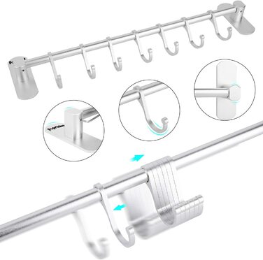Крюк для кухні Poprkdre без свердління, самоклеюча кухонна рейка з 7 гачками, гачок для одягу без свердління, вантажопідйомність 20 кг, алюміній, матова обробка (срібло)