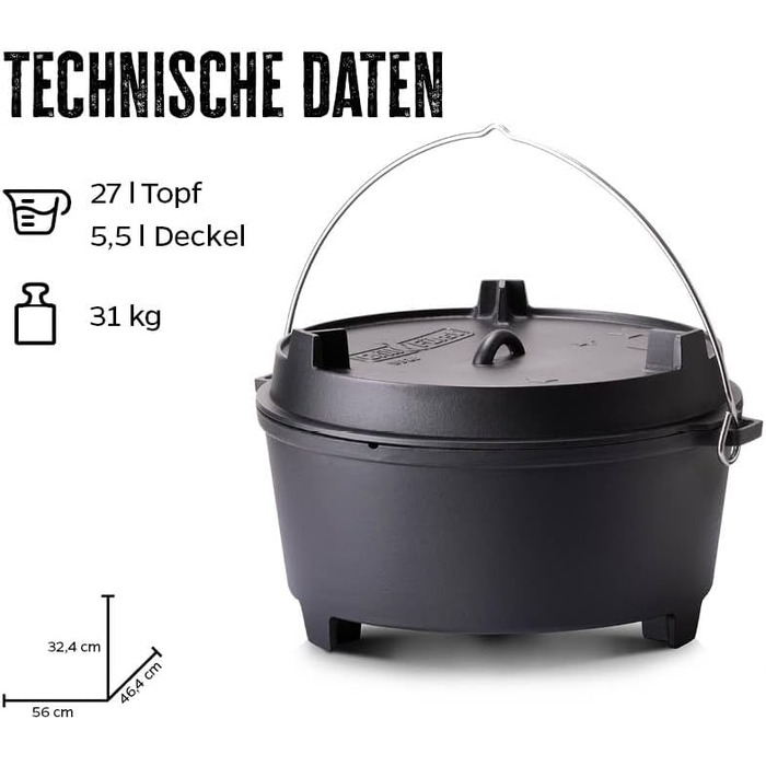 Набір Dutch Oven Grillfürst BBQ Edition DO 9: чавунний котелок з ніжками, 8,5 л (Dutch Oven DO 28) з підйомником кришки та сумкою для зберігання
