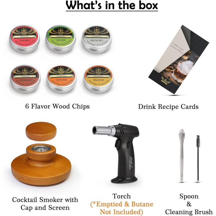Набір для копчення віскі та бурбону Cocktail з ліхтариком, 6 смаків дерев'яної тріски (апельсин, кориця, імбир, вишня, лічі, гікорі) - ідеальний подарунок на ювілей або день народження