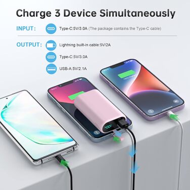 Виходи, LED дисплей, вбудований кабель, сумісний з iPhone - рожевий, 10800mAh, PD 15W, 3