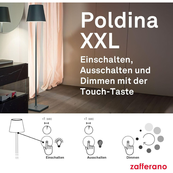 Підлогова лампа Zafferano Poldina XXL Corten з бездротовою зарядкою та сенсорним керуванням, 69-150 см, 2700-3000K, для вітальні та вулиці