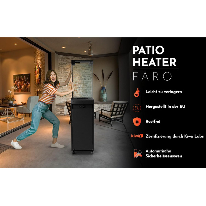 Газовий обігрівач Planika Faro – 8kW, чорний, для тераси та саду, з кришкою, 36 x 36 x 150 см (Газовий балон не входить у комплект)