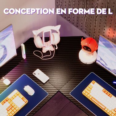 Ігровий кутовий стіл Devoko 130x130 см з LED RGB-підсвічуванням, підставкою для монітора та гачком для навушників, карбоновий білий колір