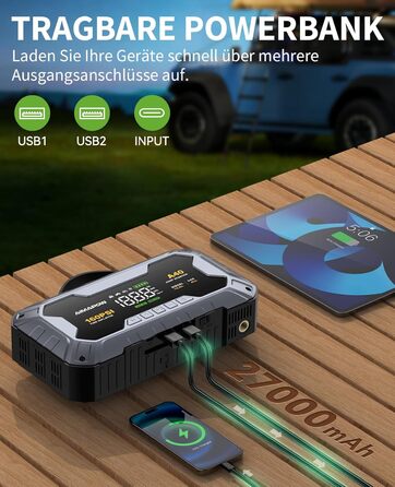 Powerbank для автомобіля AIMAPOW Starthilfe 8000A з компресором та LED-ліхтарем, 27000mAh, 160PSI, для бензинових та дизельних двигунів (до 12.0L)