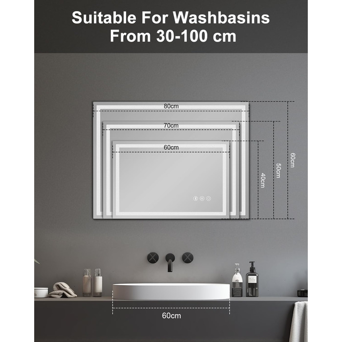 Дзеркало для ванної кімнати Habison з підсвічуванням LED, 50x70 см, сенсорне керування, димування, 3 колірні температури, функція пам'яті, проти запотівання, Bluetooth, матова центральна частина