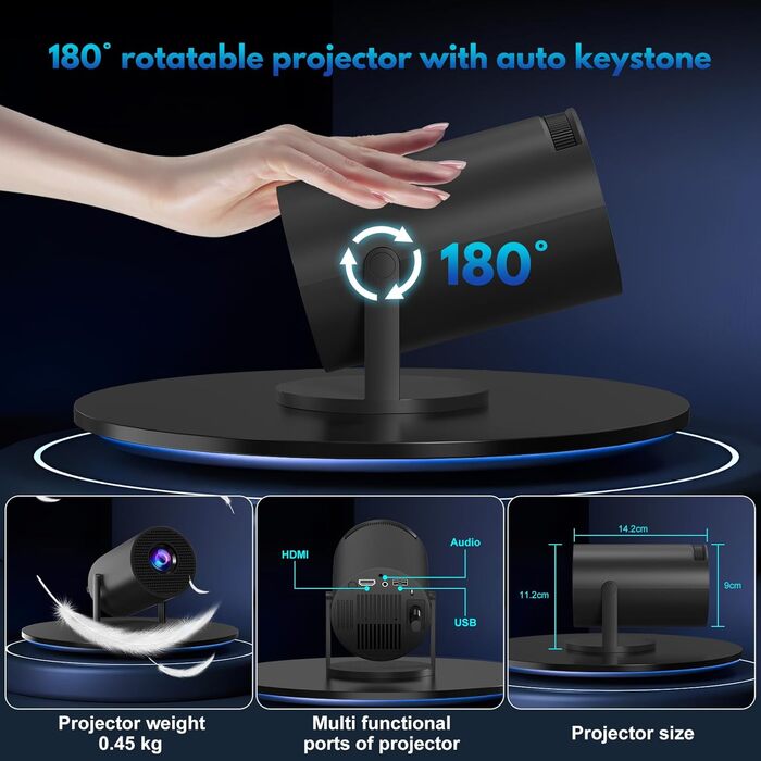 Портативний проєктор Mini Beamer: 1080P, 4K, Android, iOS, WiFi, Bluetooth, 180°