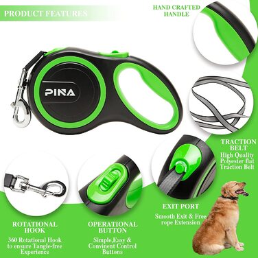 Повідець для собак Pina висувний, 4,8 м, для собак малого і середнього розміру вагою до 25 кг, міцна світловідбиваюча нейлонова стрічка на 360 без сплутування, з нековзним захопленням, розрив, замок-чорний сірий