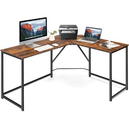 Письмовий стіл COSTWAY, Г-подібний комп'ютерний стіл, Ігровий стіл з круглим кутом, Сучасний кутовий стіл для роботи та ігор, 14812075см (вінтажний коричневий)