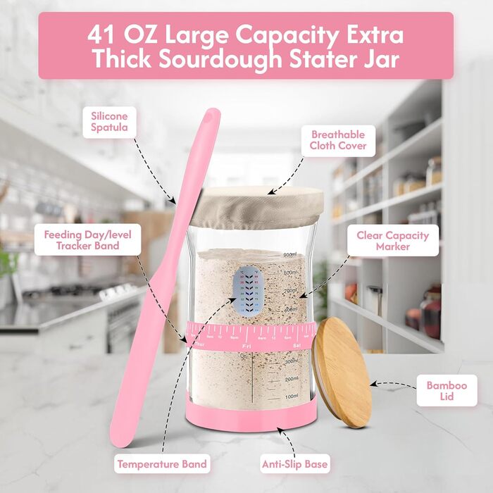 Набір для приготування закваски з вагами, скляний стартер 1,2 л, 2 гнізда для вистоювання, скребок, ваги, повний комплект для приготування (Рожевий)