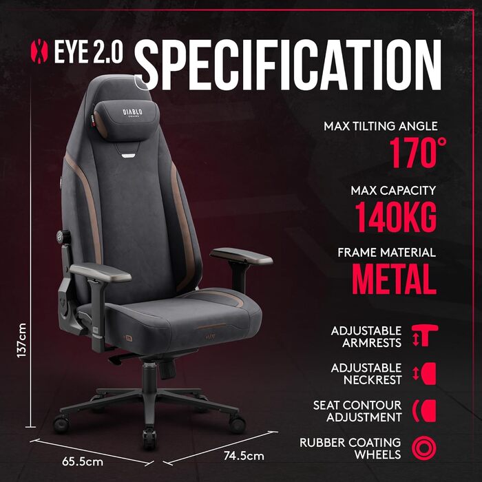 Ігровий крісло Diablo X-Eye 2.0: комфортний офісний стілець з регульованою підголівником та підлокітниками, чорний | Макс. 140 кг