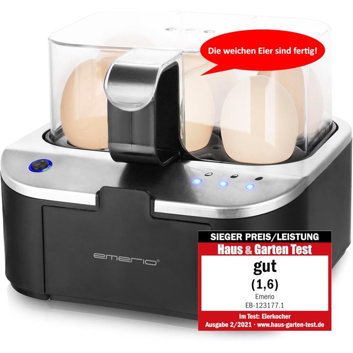 Електричний яйцеварка Emerio SIEGER: 3 ступені нагріву, голосове сповіщення, BPA Free, EB-123177.1, чорний/сріблястий