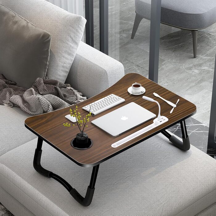 Зручний столик для ноутбука на ліжко/диван, з USB, ящиком та підставкою для планшету (60 x 40 см, коричневий)