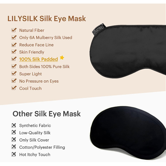 Маска для сну LILYSILK, 2 упаковки, жіноча і чоловіча, 100 шовкова, безпечна для шкіри, для алергіків / ідеально підходить для носіння / окуляри для сну, маска для очей, нічна маска-чорний рожевий з 2 парами затичок для вух (чорний)