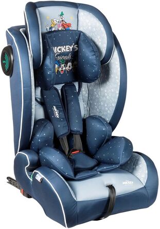 Автокрісло Disney Mickey Mouse з кріпленням ISOFIX для безпеки дитини зростом від 76 до 150 см з Міккі Маусом, Мінні Маус, Дональдом Даком, Плутоном і Гуфі на синьому тлі