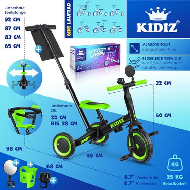 Біговел-триколіс KIDIZ 6-в-1 для дітей від 1 до 5 років (до 25 кг), чорний: з ручкою, захисним бампером, ременем безпеки, дзвінком та дзеркалом