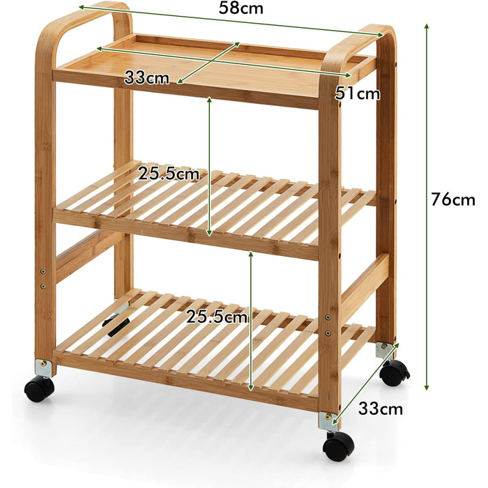 Візок для подачі бамбука COSTWAY на колесах, 3 полиці та ручки, знімні колеса, 58x33x76 см, для кухні/ванної кімнати