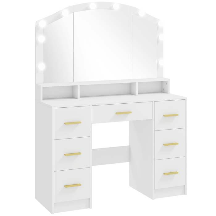 Туалетний столик з 10 LED-лампами в стилі Голлівуд, дзеркалом, 7 висувними ящиками, 3 відділеннями, МДФ, білий