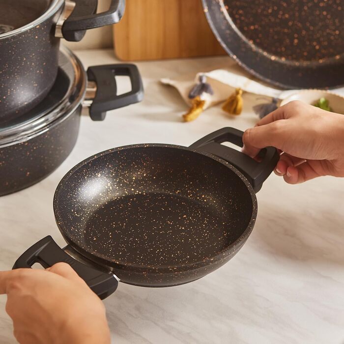 Набір каструль та сковорідок Karaca Ceramica Steel 3Ply: 13 предметів, чорний/золотий, з нержавіючою сталлю та керамічним покриттям