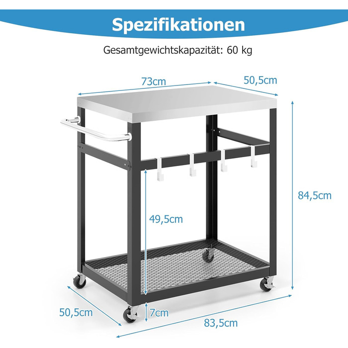 Візок для гриля COSTWAY відкритий, гриль-стіл з полицями, колесами, ручкою та гачком, стіл для піци для саду/патіо