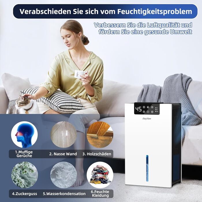 Електричний осушувач повітря 2700 мл з фільтром, тихий (28 дБ), з нічним режимом та 7 кольорами, білий