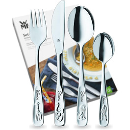 Дитячий набір столових приборів WMF Kinderbesteck з гравіюванням, нержавіюча сталь, 4 шт., придатний для миття в посудомийній машині, подарунок на хрещення, набір столових приборів для дітей від 3 років, з зображенням тварин