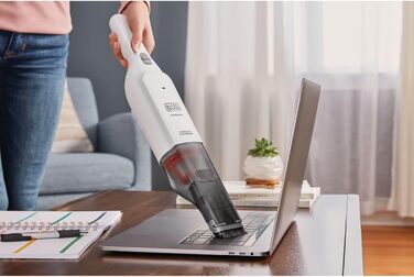 Акумуляторний ручний пилосос BlackDecker Dustbuster Slim HLVC315J11 (12 В, 1,5 Агод, без мішка та бездротовий, з вбудованою насадкою для всмоктування розміру XXL, включаючи зарядний кабель, щілинну насадку та щітку для м'яких меблів), білий