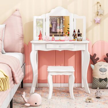 Детский туалетный столик COSTWAY 2-в-1 с LED-подсветкой, зеркалом и ящиками, для девочек (белый)