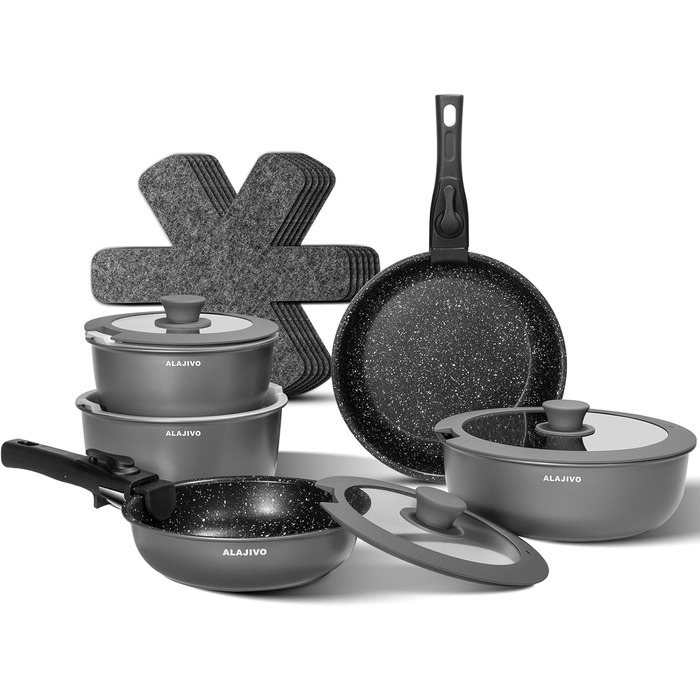 Набір посуду 17 частин з знімним ручками, антипригарне покриття, для всіх типів плит, включаючи індукційні, сумісний з духовкою (сірий)