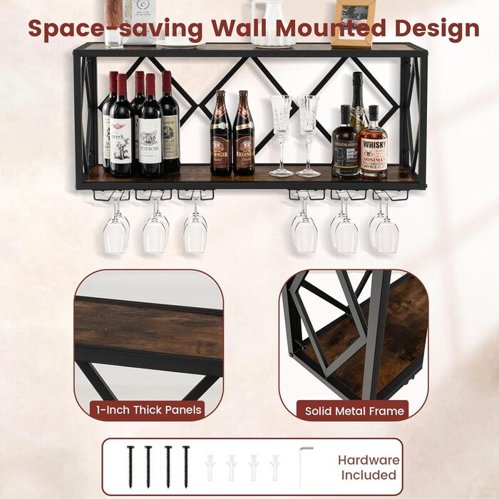Стильна полиця для вина Komfotteu на стіну з металевим каркасом, з тримачем для келихів, 100 x 25 x 45 см