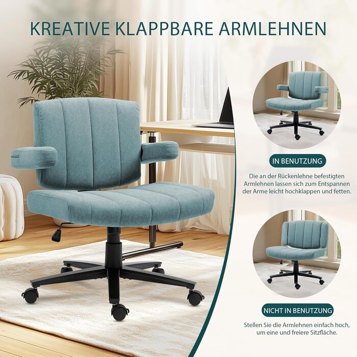 Крісло Vigosit Criss Cross з колесами, регульовані підлокітники, антиковзаюча тканина, комфортне сидіння, сучасний стиль, поворотне, для дому, туалетного столика, офісу (Сірий) (Блакитний)