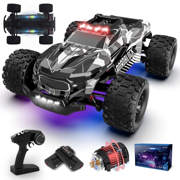 RC Автомобіль Monstertruck 1/14 4WD, 40 км/год, 2 батареї, 7 кольорів підсвічування, Водонепроникний, для дітей та дорослих, Чорний