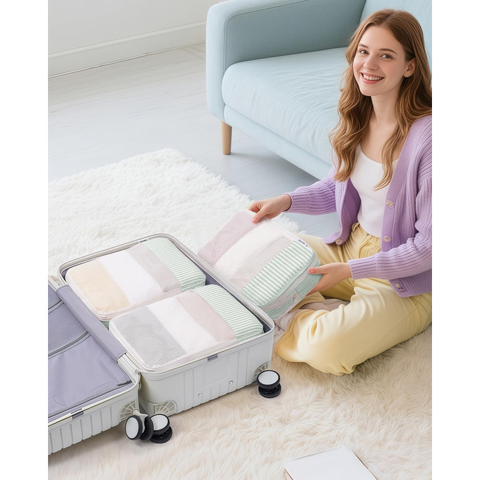 Набір органайзерів для валізи та рюкзака Narwey, 6 шт, компресійні органайзери для одягу та речей у подорож, світло-зелені смужки