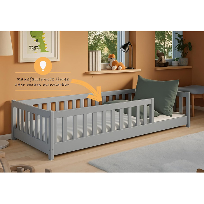 Дитяче ліжко Kids Collective Kinderbett з бортиками та ламелями, 80x180 см, сірий, для дітей від 4 до 18 років